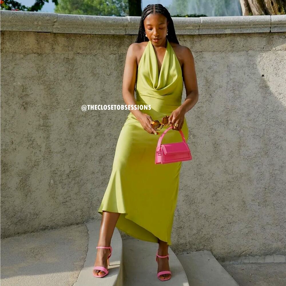 MANGO Green Open Back Satin Midi Dress NWT Cowl Neck Wedding Guest - Picture 11 of 16